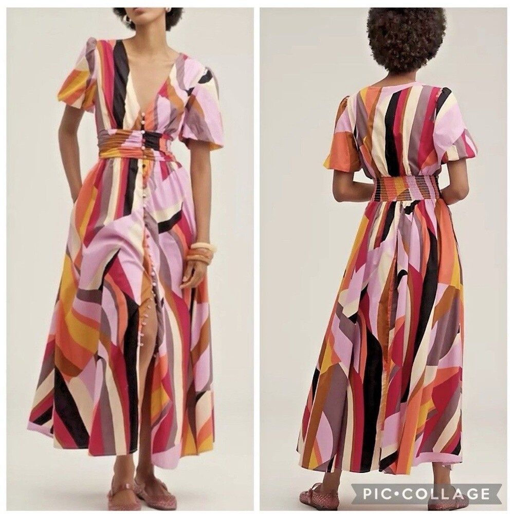 Anthropologie Katerina Button-Front Maxi XXSP Dress Lilac Geometric Print  NWT